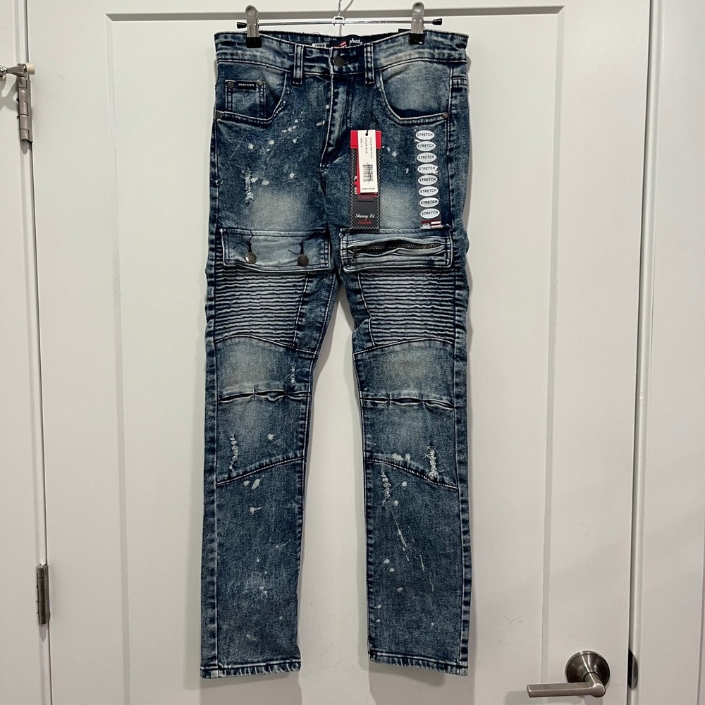 Phat Farm Boys Skinny Fit Moto Jeans Acid Wash Paint Splatter Blue Size 14 NWT